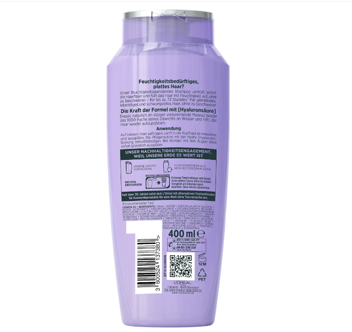 L'ORÉAL PARIS ELVITAL Hydra Hyaluronic Shampoo, moisture-replenishing, 400 ml