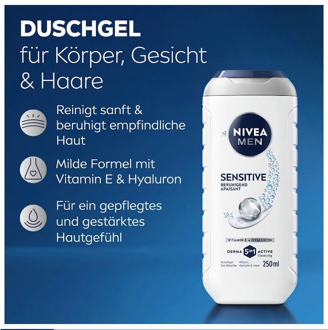 NIVEA MEN Sensitive 5-in-1 Shower Gel, 250 ml