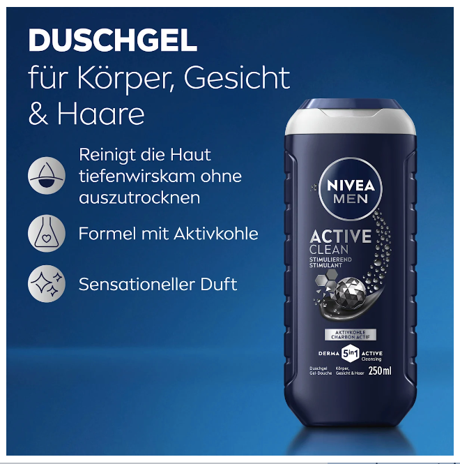NIVEA MEN Shower Gel Active Clean 5in1, 250 ml